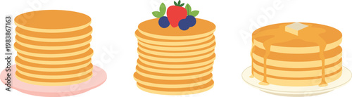 Stacks of Pancakes with Fresh Berries, Butter, and Syrup, Delicious Breakfast Dishes for Restaurant Menus and Food Illustrations