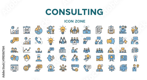 Collection of colorful consulting icons representing business and teamwork concepts