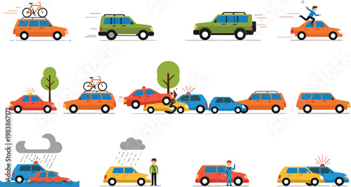 Illustration of Cars in Different Situations Including Traffic, Weather, and Accidents for Road and Travel Concepts
