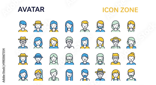 Collection of colorful avatar icons depicting diverse people and hairstyles