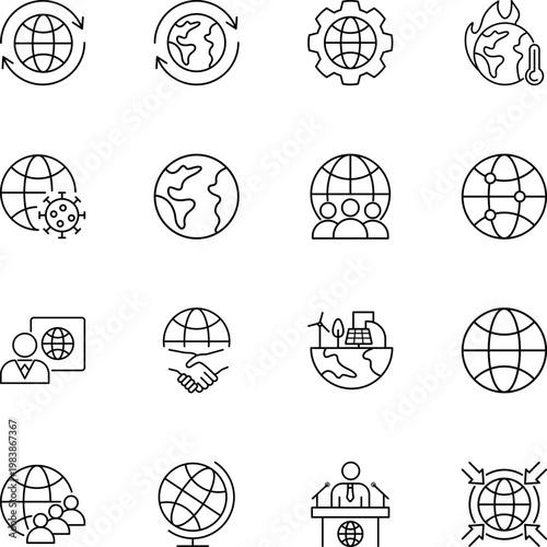 Global communication and environmental issues vector icon set, global warming, pandemic, network, handshake, eco, community, conference