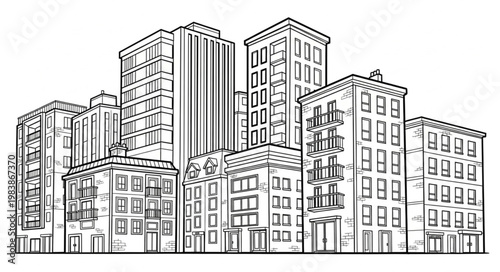 Cityscape illustration of diverse buildings in a metropolitan area.