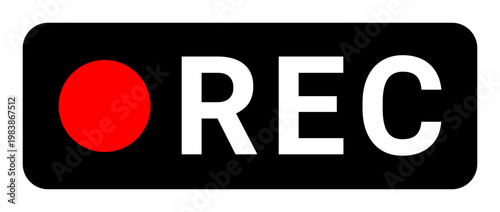 Flat vector REC recording icon with red indicator dot on a solid black rounded rectangle background for video, streaming, and camera interfaces.