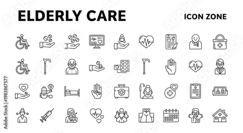 Elderly care icon set displaying assistance health and senior wellbeing