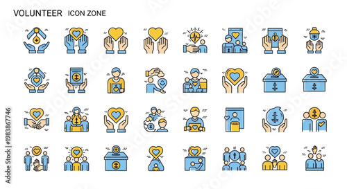 Colorful volunteer icons depicting giving support and community outreach