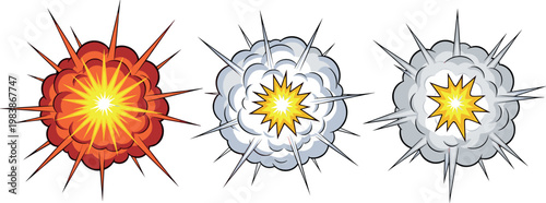 Illustration of Colorful Explosion Effects in Red, White, and Gray for Dynamic Action Scenes