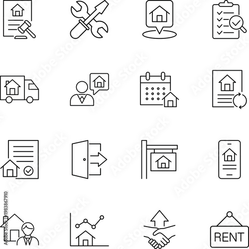 Real estate and property management icon set, house, agent, contract, rent, location, moving, service, sign