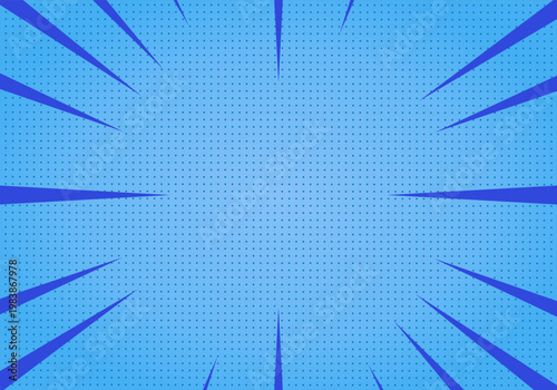 Blue comic book pop art background with halftone dots and radial speed lines, empty center copy space for text.