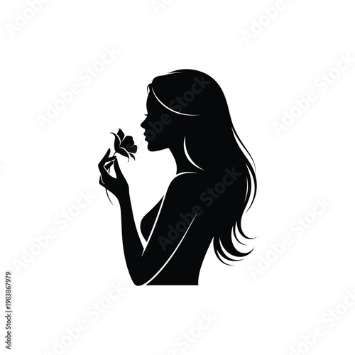 Black silhouette of woman smelling a flower white background