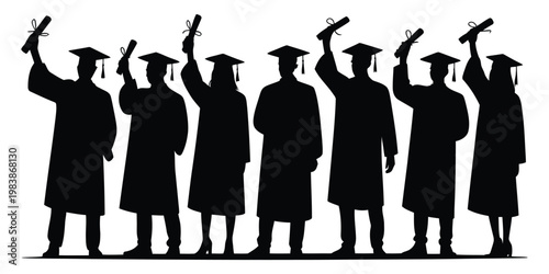Black silhouettes of graduates in caps and gowns holding diplomas 1