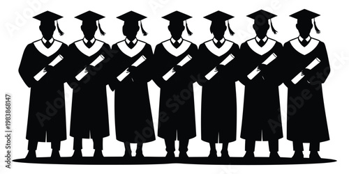 Black silhouettes of graduates in caps and gowns holding diplomas 2