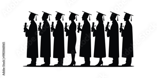 Black silhouettes of graduates in caps and gowns holding diplomas