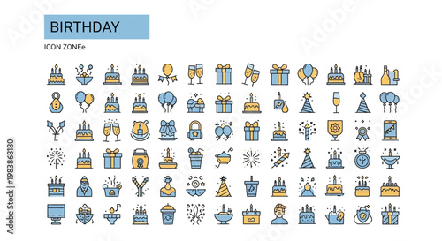 Colorful birthday icons collection cakes gifts balloons and celebratory items