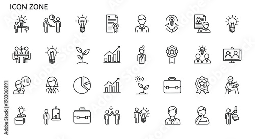 Collection of business and management related line icons displayed in rows