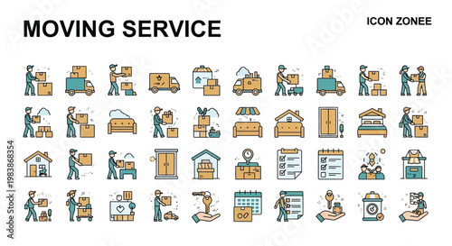 Illustrative icon set depicting various aspects of a moving and relocation service