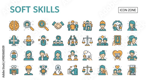 Collection of colorful line icons representing various soft skills concepts