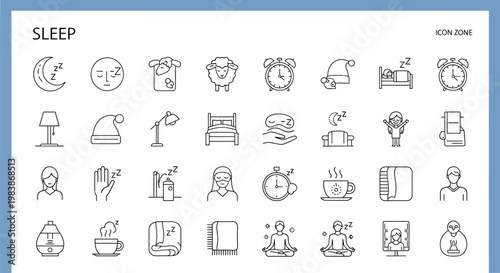 Collection of minimalist line icons representing sleep and related concepts