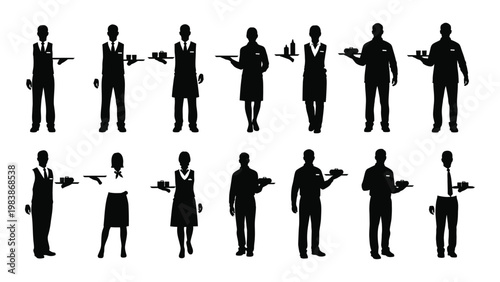 A collection of silhouette figures depicting waiters and waitresses carrying trays and providing service high quality