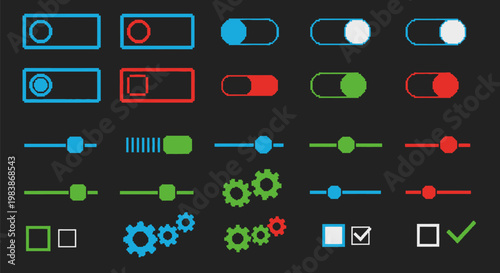 Colorful ui toggle switches and settings icons on black background for digital design