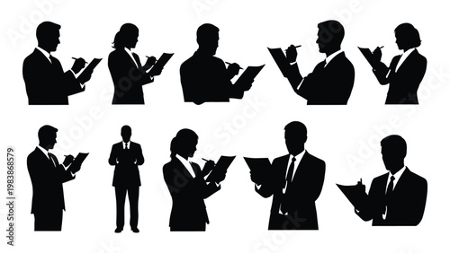 A collection of silhouettes depicting business professionals reviewing documents and collaborating in a formal setting