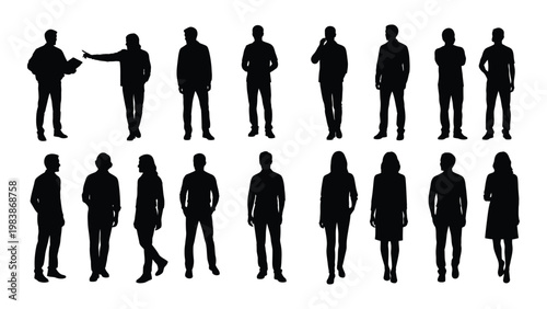 A collection of black silhouettes depicting various people in different standing poses and attire high quality