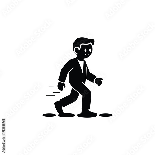 Man in business suit stepping over puddles walking