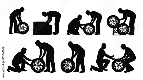 Silhouettes of workers performing various tasks including lifting and working with tires high quality professional detailed