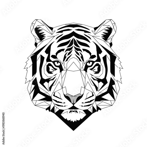 Geometric Tiger Head Illustration Black and White.