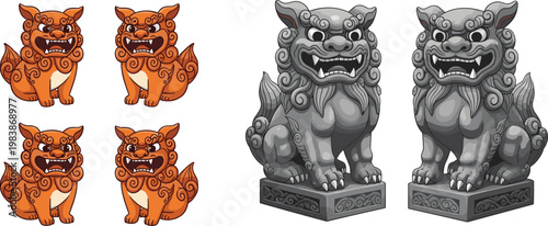 Traditional Chinese Guardian Lion Statue Collection with Colorful and Stone Shishi Sculptures Illustration Set for Cultural Heritage, Architecture Decoration, and Asian Design
