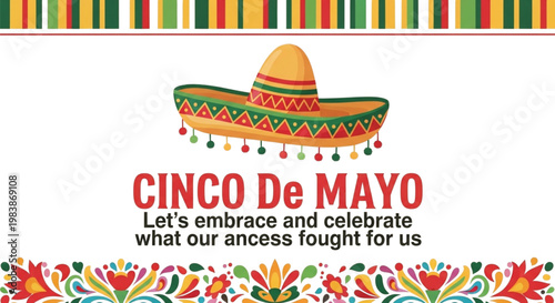 Cinco De Mayo Celebration Fiesta Party Banner with Sombrero and Festive Mexican Floral Border for Marketing and Events