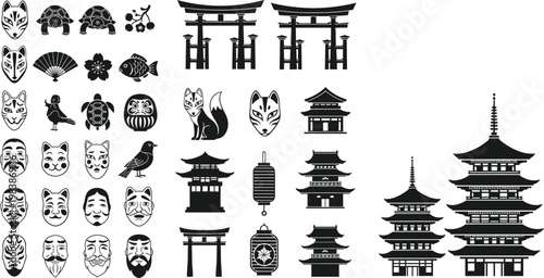 Japanese Culture Icons Collection with Traditional Masks, Torii Gates, Pagoda Temples, Lanterns, Animals, and Decorative Symbols for Travel, Heritage, and Design Projects
