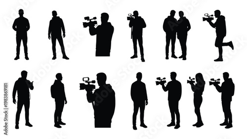 A collection of black silhouettes depicting people with cameras and film equipment high quality professional detailed