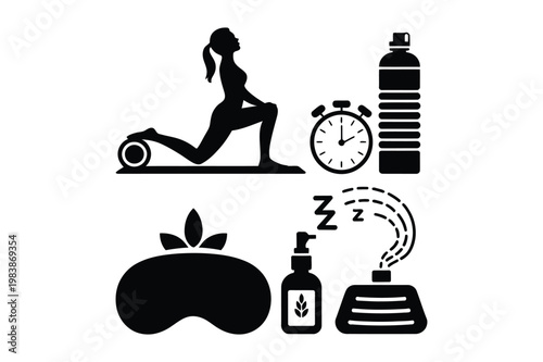 Healthy lifestyle icons: woman stretching water bottle alarm clock sleep mask
