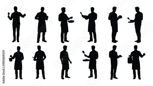 A collection of black silhouette figures depicting various service industry professionals in dynamic poses high quality