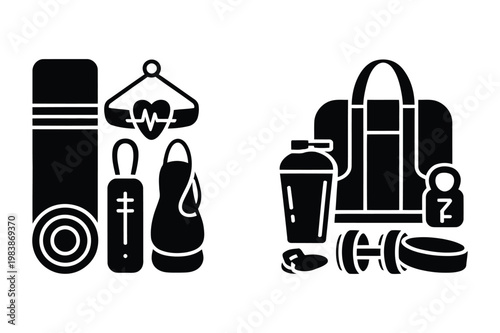 Gym equipment collection: yoga mat shaker bottle dumbbells weights gym bag
