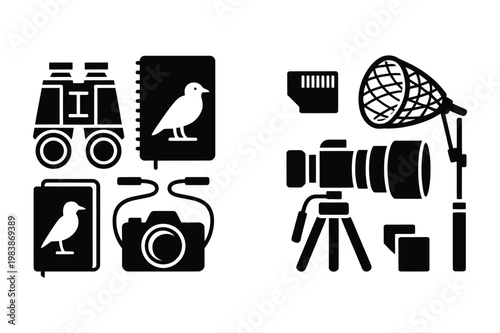 Birdwatching and wildlife photography equipment vector silhouette set