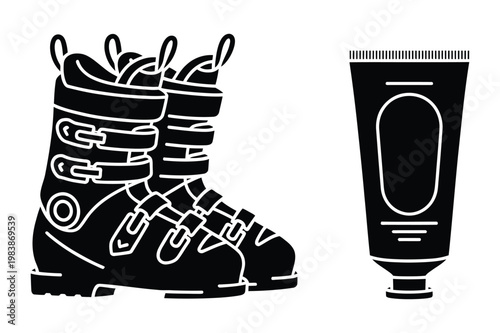 Silhouette vector of professional ski boots and tube of protective sunscreen