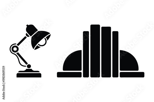 Black silhouette of desk lamp and books on stand with silhouette, furniture