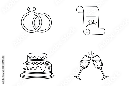 Minimal wedding and celebration line art icon set with marriage, champagne