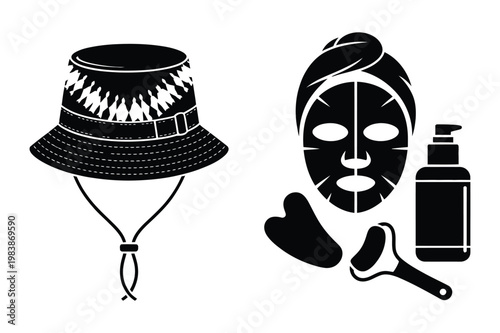 Beauty skincare spa tools and bucket hat silhouette set with skincare, wellness