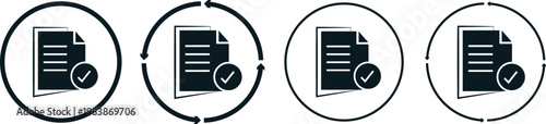Document approval icon set, professional vector illustration of approved files and verified paperwork.Verified document and contract icons, creative graphics representing successfully approved and sig