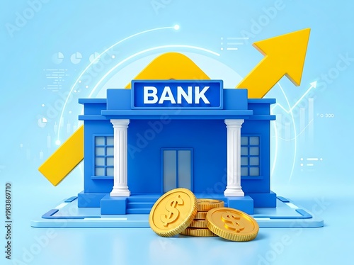 Blue bank building with white columns and gold coins in front  financial institution with growing graph and money