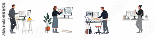 Set of professional architects and designers working on building floor plans at their modern workstations with monitors, blueprints, and drafting tools.