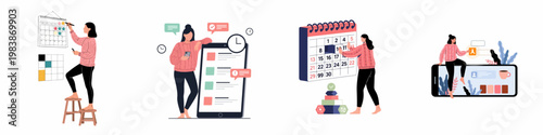 Set of illustrations depicting a woman managing her schedule, tasks, and time using digital devices and physical calendars for better productivity.