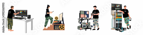 Flat vector illustrations of professional video editors, colorists, and film production crew working with high-tech equipment and digital workstations on white background.