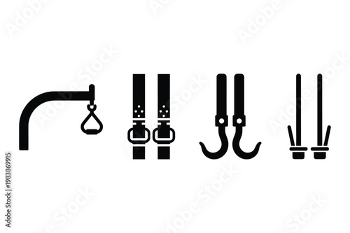 Industrial hooks and straps vector icons for lifting and securing with securing