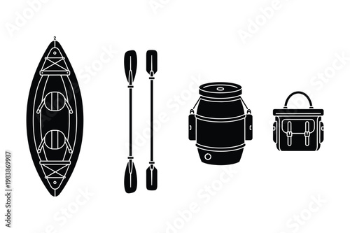 Black silhouette set of kayaking equipment kayak paddles barrel and dry bag