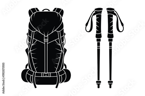 Hiking backpack and trekking poles silhouette travel equipment gear