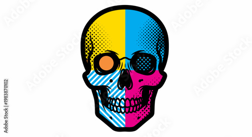 Colorful skull with divided face.
