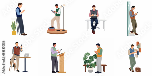 Set of diverse men in professional attire using mobile devices such as smartphones and tablets in different office and lifestyle settings, flat vector illustration.